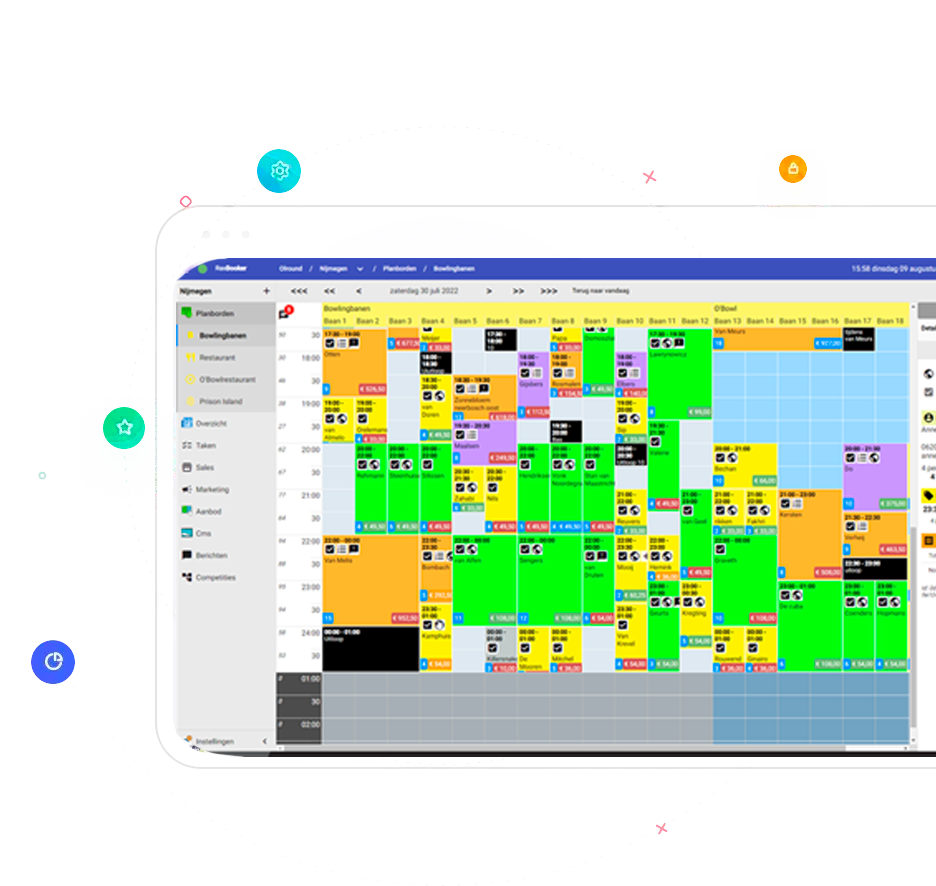 Realtime planning in het reserveringssysteem van RaxBooker op een scherm achter de balie